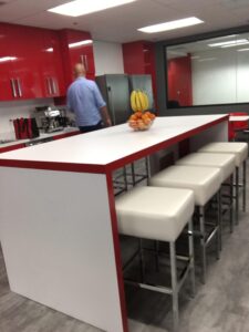 Super Fun custom for white and red standing table for office lunch area