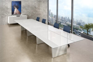 Large Glass Steel Conference Table is a executive level top of the line contract built to order glossy table with solid stainless steel legs