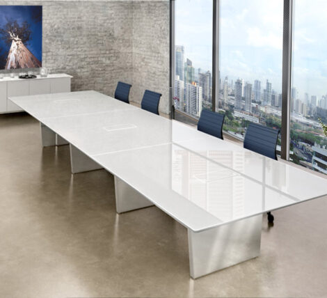 Large Glass Steel Conference Table is a executive level top of the line contract built to order glossy table with solid stainless steel legs