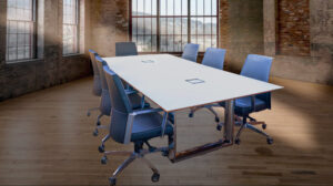 Glass Spartan Table is a high end white glass conference table with blue chairs for modern executive offices and home offices