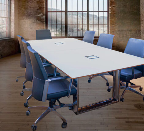 Glass Spartan Table is a high end white glass conference table with blue chairs for modern executive offices and home offices