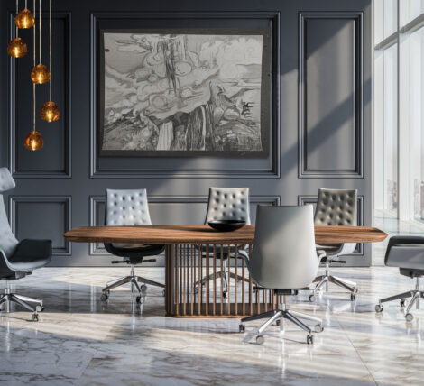 the ultra executive chair is a modern luxury conference room and desk chair shown in grey leather with a highly unique head rest feature that makes the design stand out