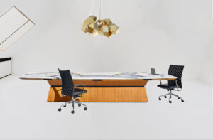 Marble Grand Cliper Table is an executive top of the line boardroom table for modern offices shown with wood veneer base power and data